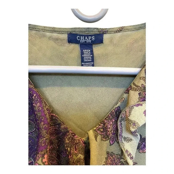 Chaps Women’s Small Green & Purple Mesh Ruffle V Neck Floral Print Top - Picture 4 of 4